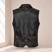 Ravenscroft Black vintage waxed lambskin leather waistcoat, rear product view with buckle strap.