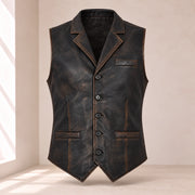 Ravenscroft Black vintage waxed lambskin leather waistcoat, straight front product view.