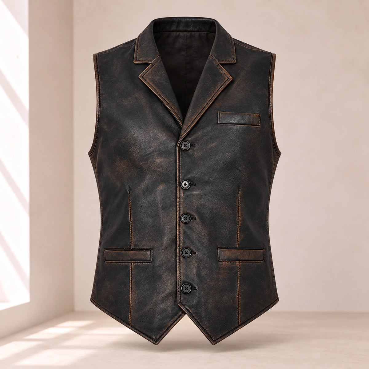 Ravenscroft Black vintage waxed lambskin leather waistcoat, straight front product view.