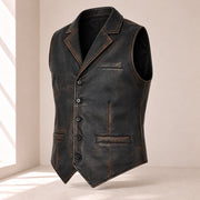 Ravenscroft Black vintage waxed lambskin leather waistcoat in a three-quarter product view.