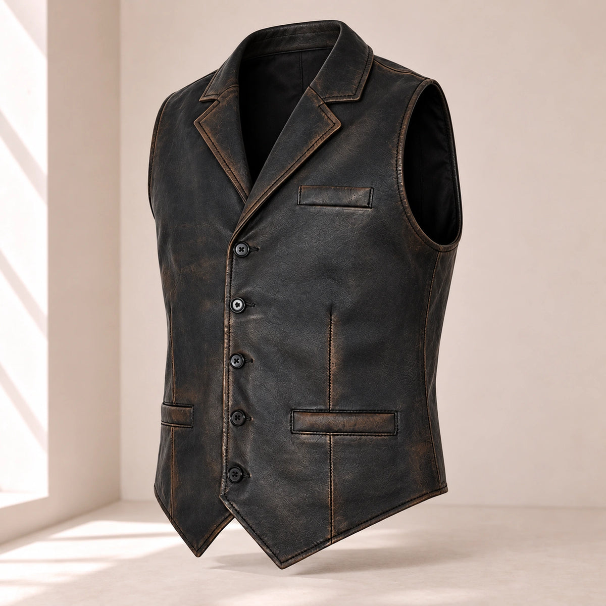 Ravenscroft Black vintage waxed lambskin leather waistcoat in a three-quarter product view.