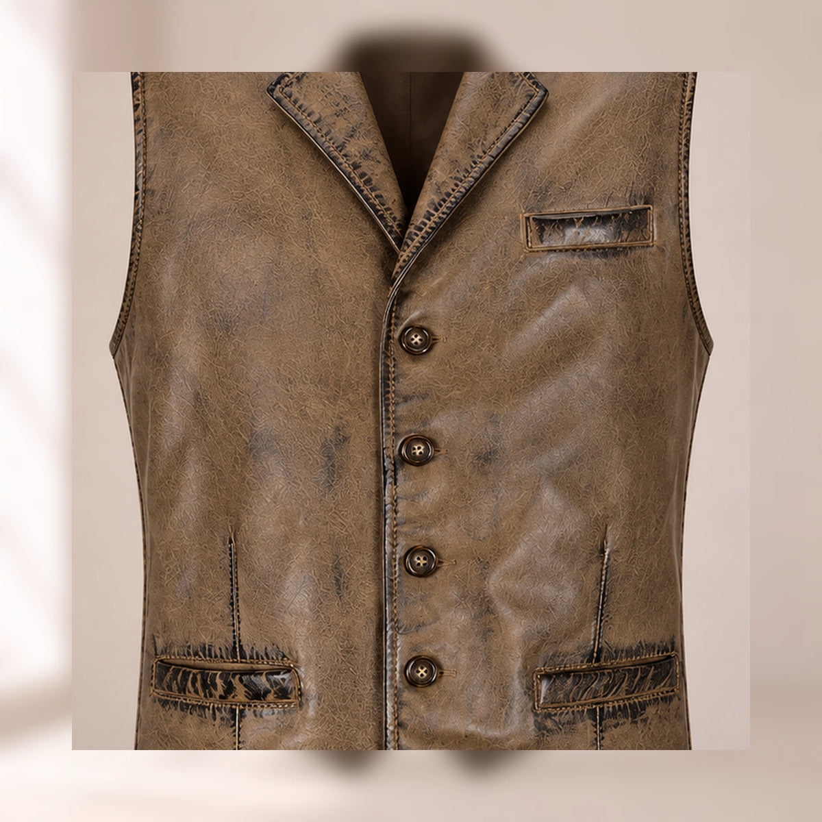 Close-up of the Ravenscroft Mud waxed lambskin texture, notch lapel, buttons and welt pockets.