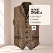Ravenscroft Mud vintage leather waistcoat infographic showing its verified construction details.