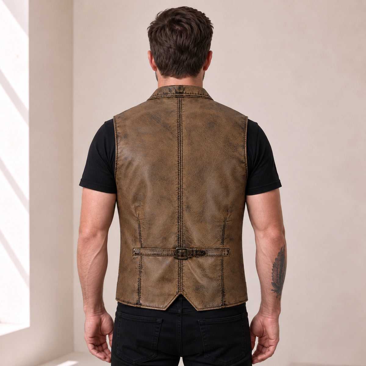 Male model wearing the Ravenscroft Mud vintage waxed lambskin leather waistcoat, rear view with waist adjuster.