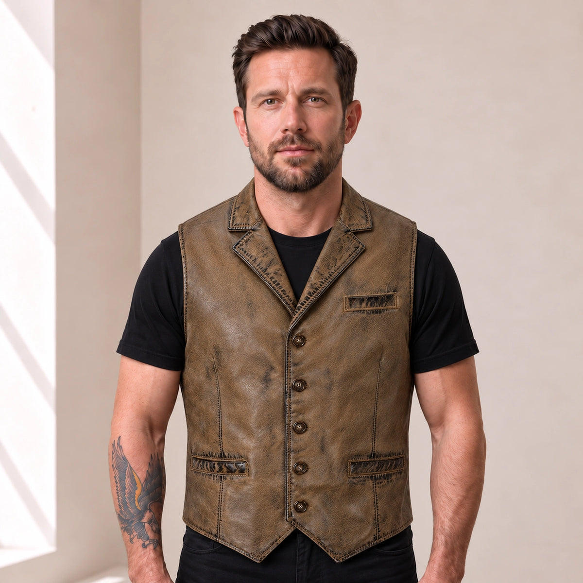 Male model wearing the Ravenscroft Mud vintage waxed lambskin leather waistcoat, front view.