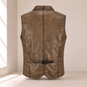 Ravenscroft Mud vintage waxed lambskin leather waistcoat, rear product view with buckle strap.