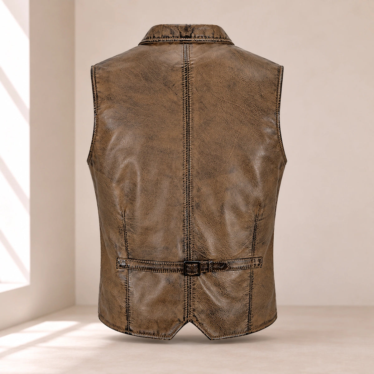 Ravenscroft Mud vintage waxed lambskin leather waistcoat, rear product view with buckle strap.
