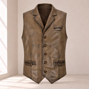 Ravenscroft Mud vintage waxed lambskin leather waistcoat, straight front product view.