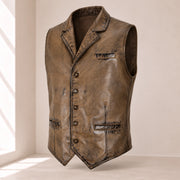 Ravenscroft Mud vintage waxed lambskin leather waistcoat in a three-quarter product view.