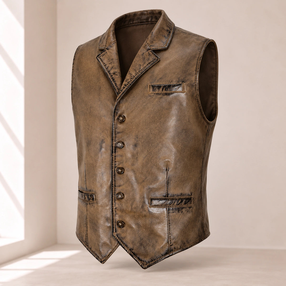 Ravenscroft Mud vintage waxed lambskin leather waistcoat in a three-quarter product view.