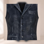 Close-up of the Ravenscroft Navy waxed lambskin texture, notch lapel, buttons and welt pockets.