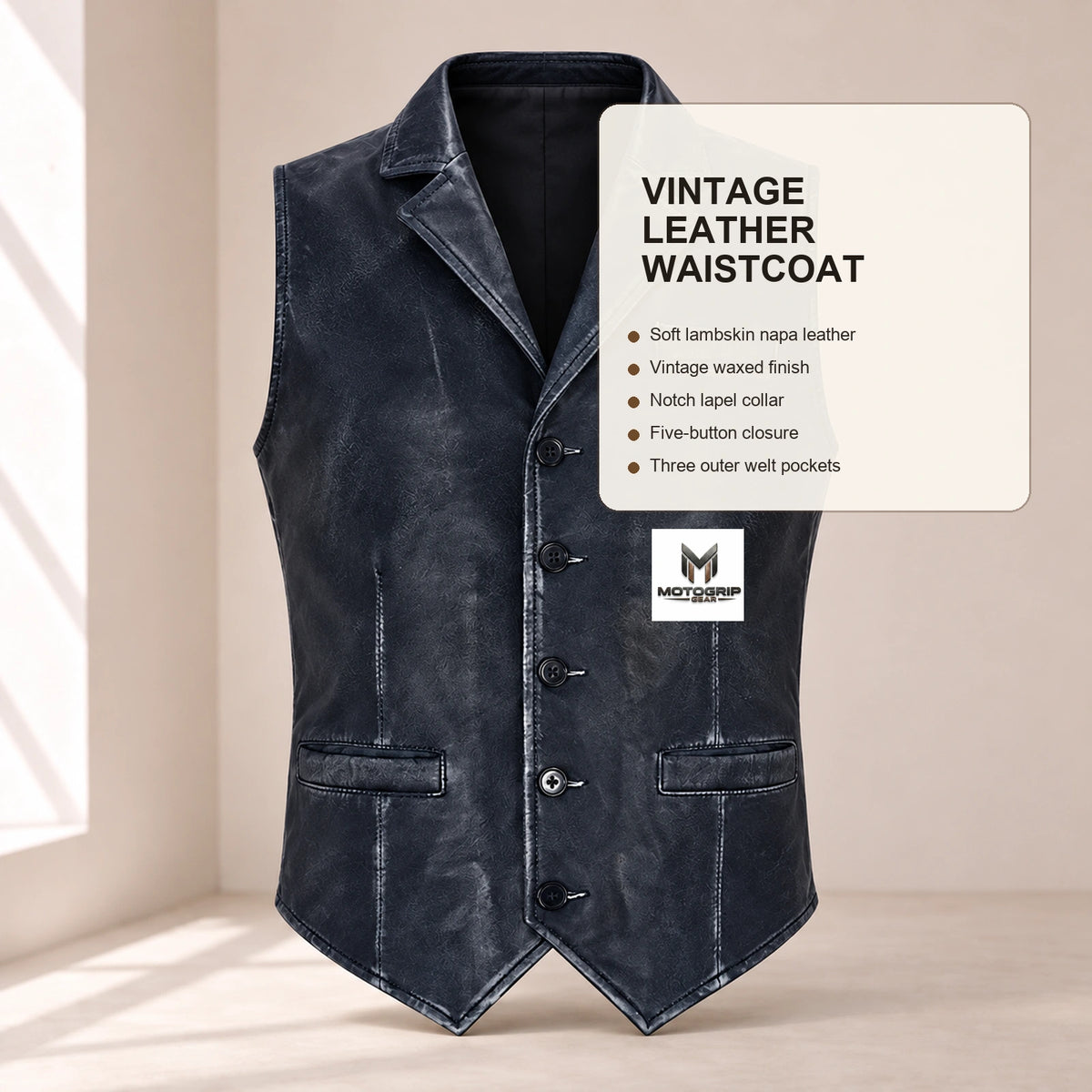 Ravenscroft Navy vintage leather waistcoat infographic showing its verified construction details.