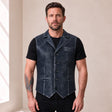 Male model wearing the Ravenscroft Navy vintage waxed lambskin leather waistcoat, front view.