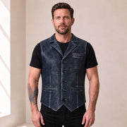 Male model wearing the Ravenscroft Navy vintage waxed lambskin leather waistcoat, front view.
