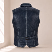 Ravenscroft Navy vintage waxed lambskin leather waistcoat, rear product view with buckle strap.