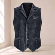 Ravenscroft Navy vintage waxed lambskin leather waistcoat, straight front product view.