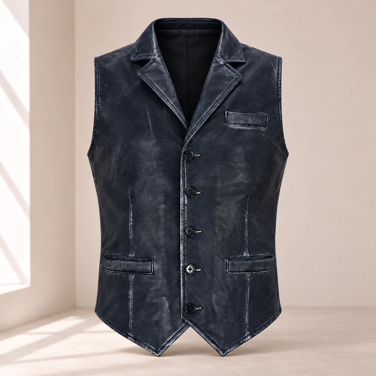 Ravenscroft Navy vintage waxed lambskin leather waistcoat, straight front product view.