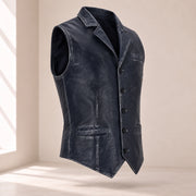 Ravenscroft Navy vintage waxed lambskin leather waistcoat in a three-quarter product view.