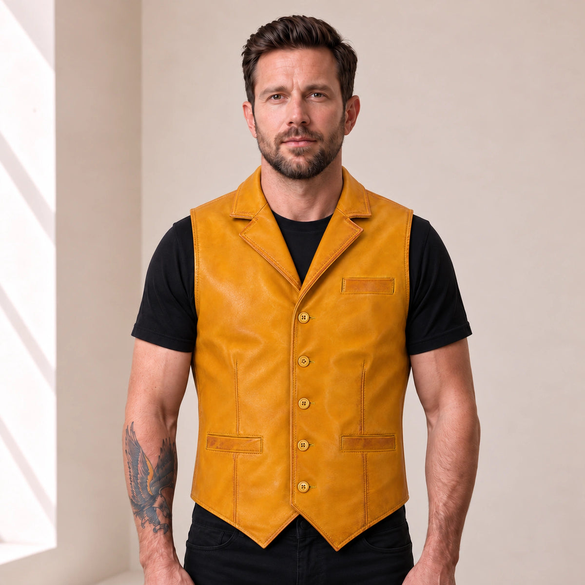 Male model wearing the Ravenscroft Yellow vintage waxed lambskin leather waistcoat, front view.