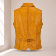 Ravenscroft Yellow vintage waxed lambskin leather waistcoat, rear product view with buckle strap.
