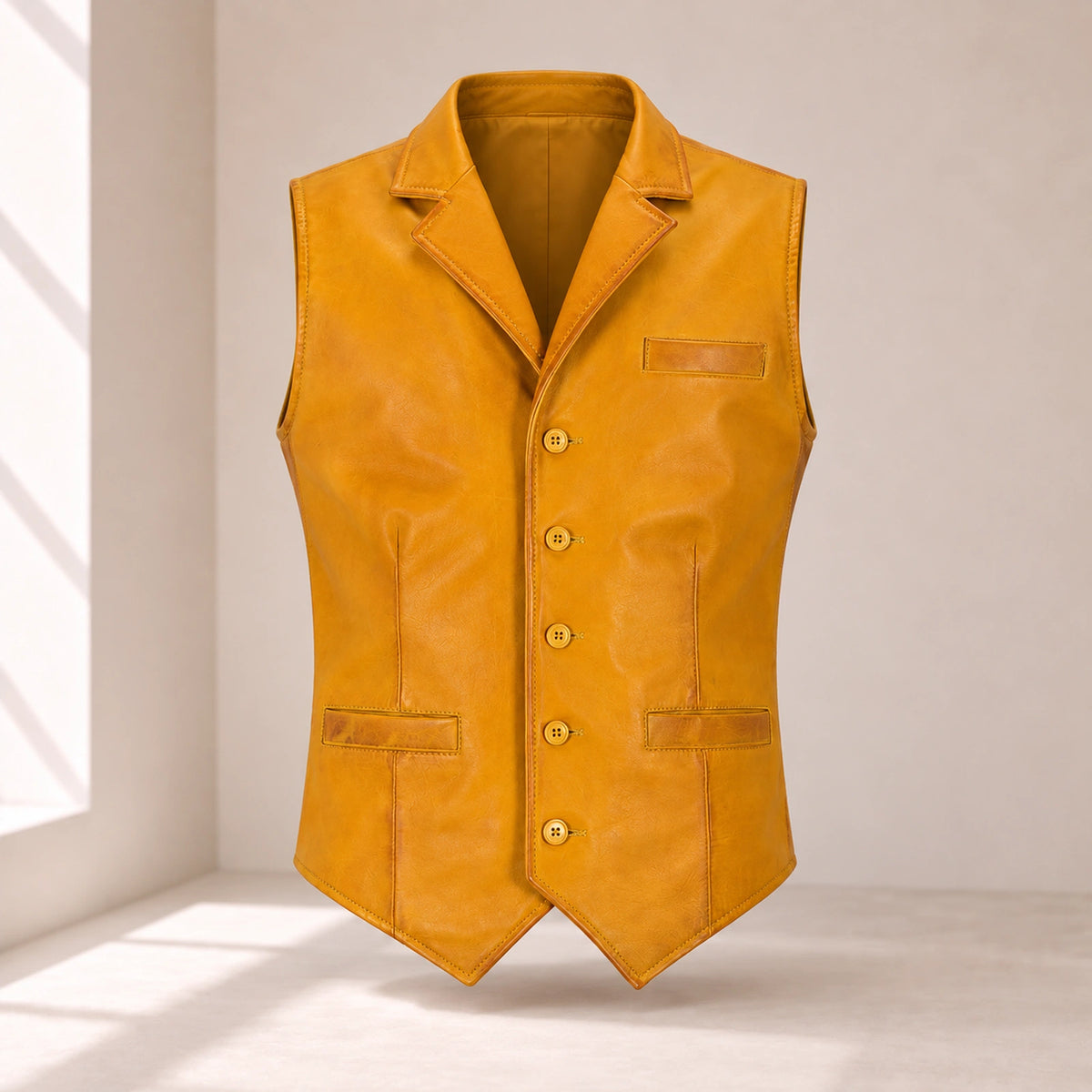 Ravenscroft Yellow vintage waxed lambskin leather waistcoat, straight front product view.