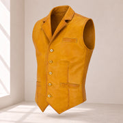 Ravenscroft Yellow vintage waxed lambskin leather waistcoat in a three-quarter product view.