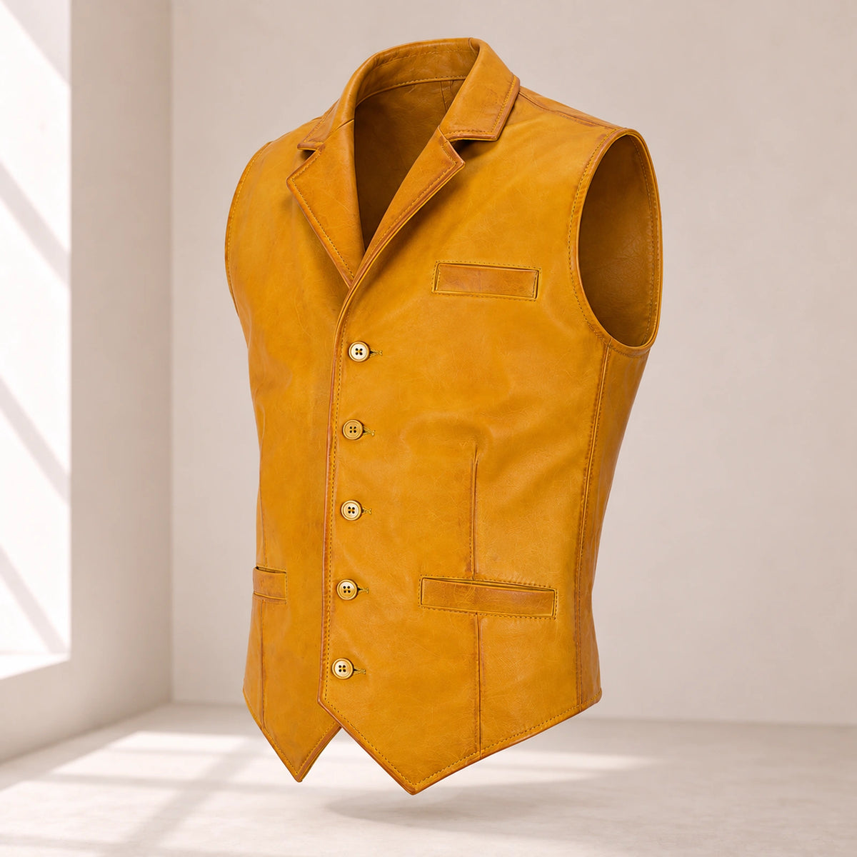 Ravenscroft Yellow vintage waxed lambskin leather waistcoat in a three-quarter product view.