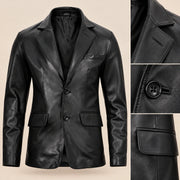 MOTOGRIP Ravenshire men's Black Tailored Sheepskin Leather Blazer, close-up of leather and construction details.