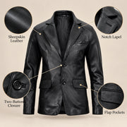 MOTOGRIP Ravenshire men's Black Tailored Sheepskin Leather Blazer, feature infographic.