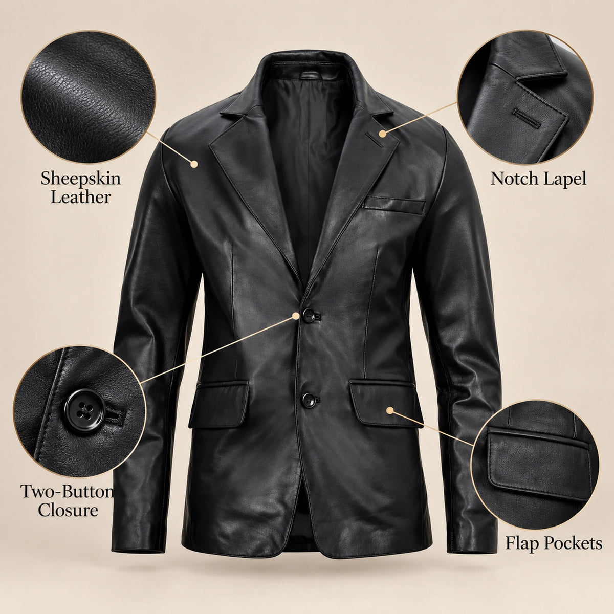 MOTOGRIP Ravenshire men's Black Tailored Sheepskin Leather Blazer, feature infographic.