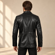 MOTOGRIP Ravenshire men's Black Tailored Sheepskin Leather Blazer, back view on a model.