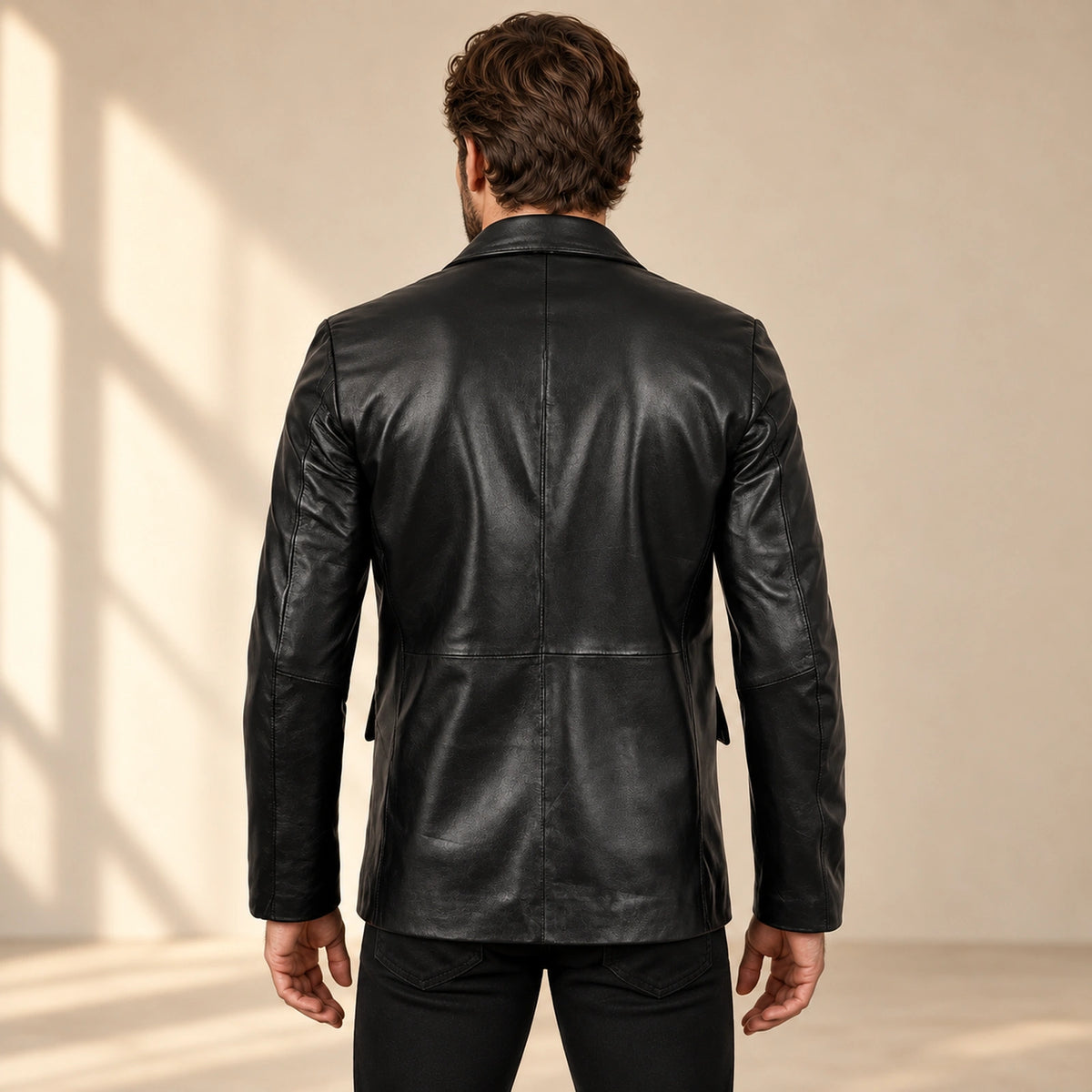 MOTOGRIP Ravenshire men's Black Tailored Sheepskin Leather Blazer, back view on a model.