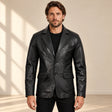 MOTOGRIP Ravenshire men's Black Tailored Sheepskin Leather Blazer, front view on a model.