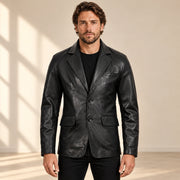 MOTOGRIP Ravenshire men's Black Tailored Sheepskin Leather Blazer, front view on a model.