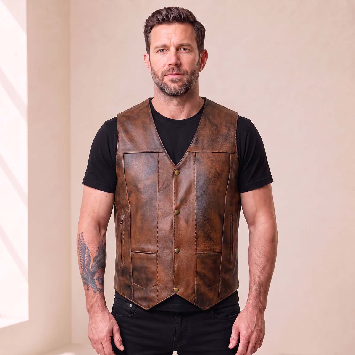 Front model view of the Raventon men's distressed brown leather motorcycle vest.