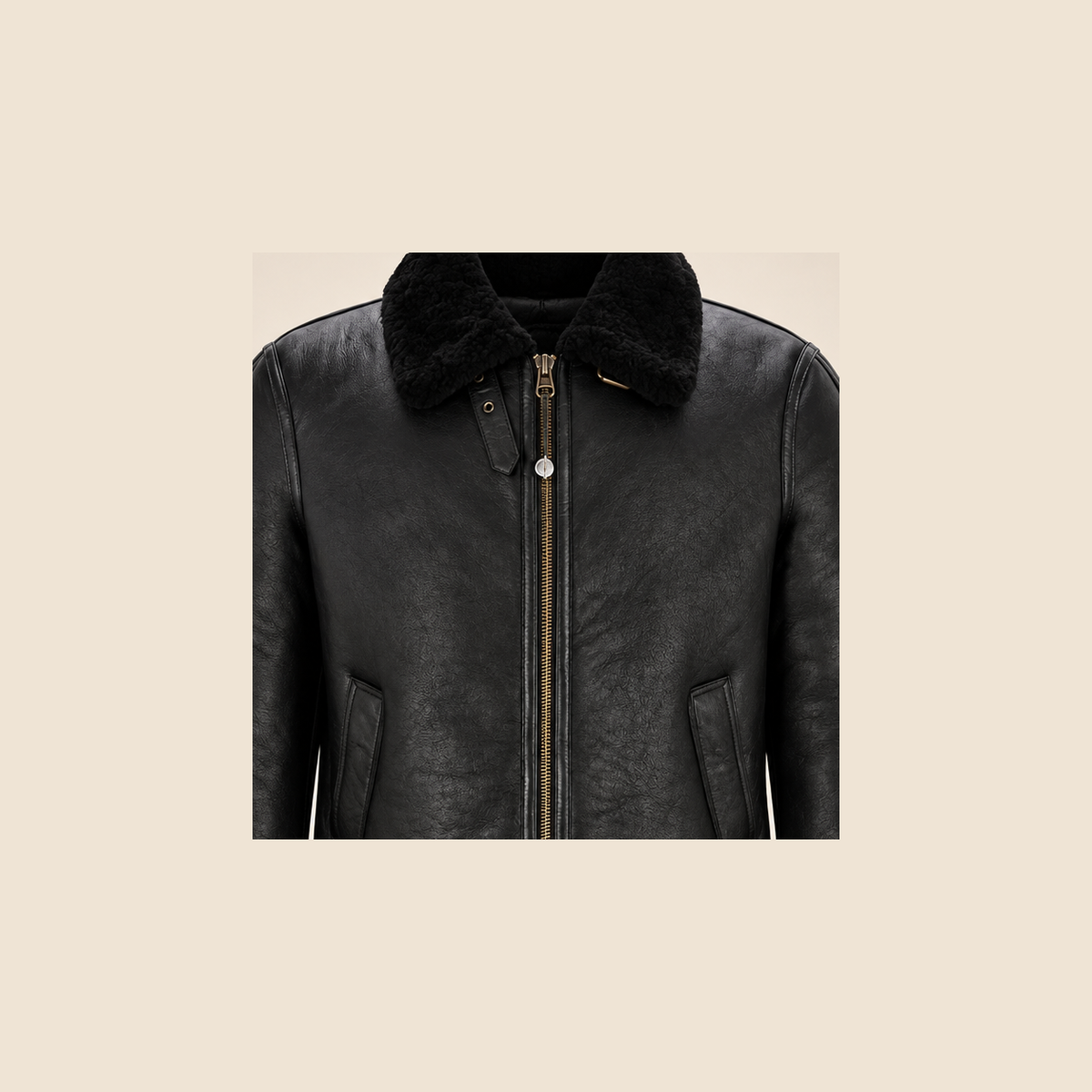 Leather grain and shearling close-up of the Redbourne Men's Black Belted B3 Shearling Bomber Jacket