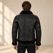 Back model view of the Redbourne Men's Black Belted B3 Shearling Bomber Jacket