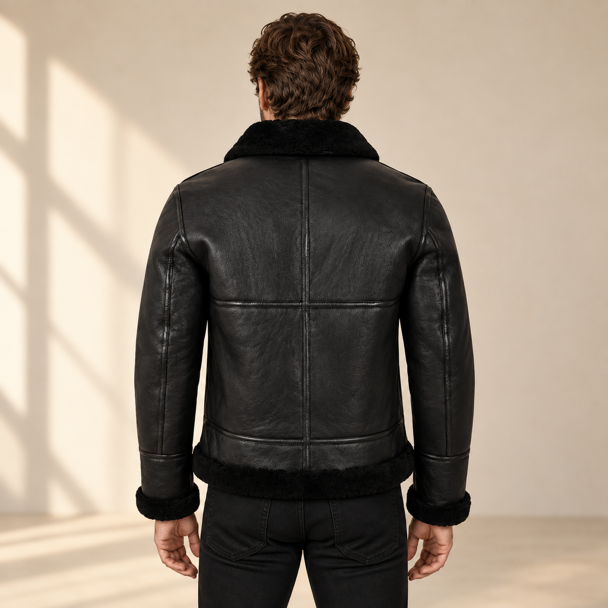 Back model view of the Redbourne Men's Black Belted B3 Shearling Bomber Jacket
