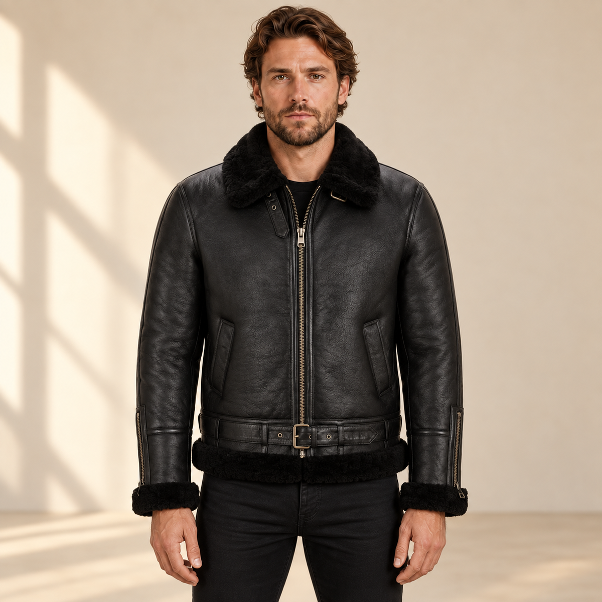 Front model view of the Redbourne Men's Black Belted B3 Shearling Bomber Jacket