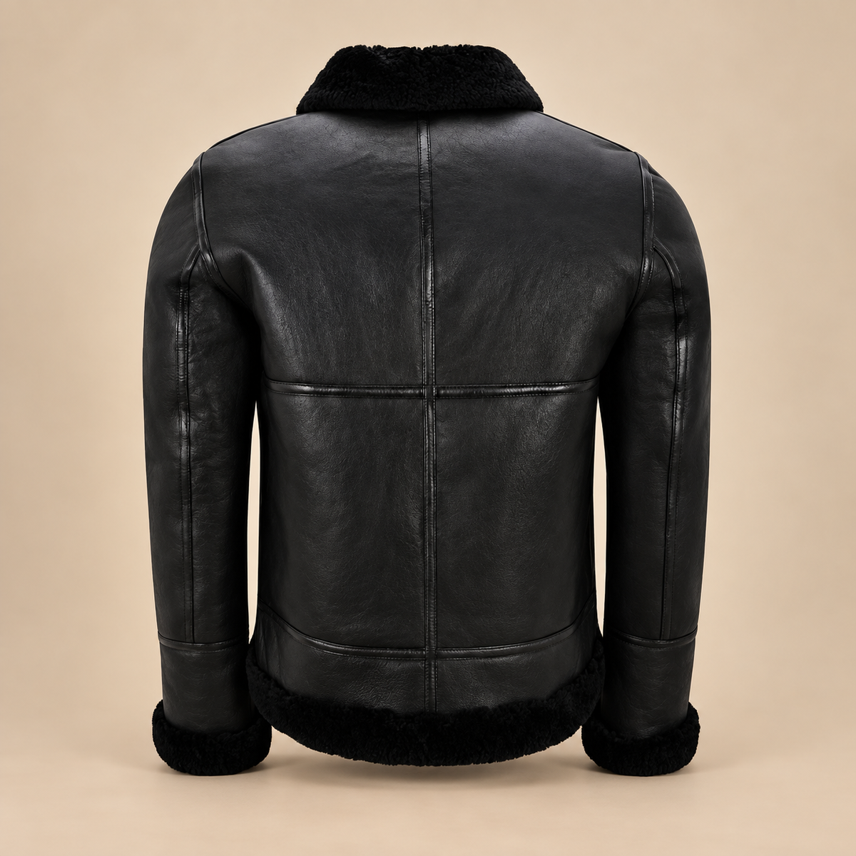 Back product view of the Redbourne Men's Black Belted B3 Shearling Bomber Jacket