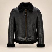 Front product view of the Redbourne Men's Black Belted B3 Shearling Bomber Jacket