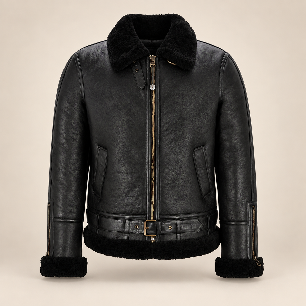 Front product view of the Redbourne Men's Black Belted B3 Shearling Bomber Jacket