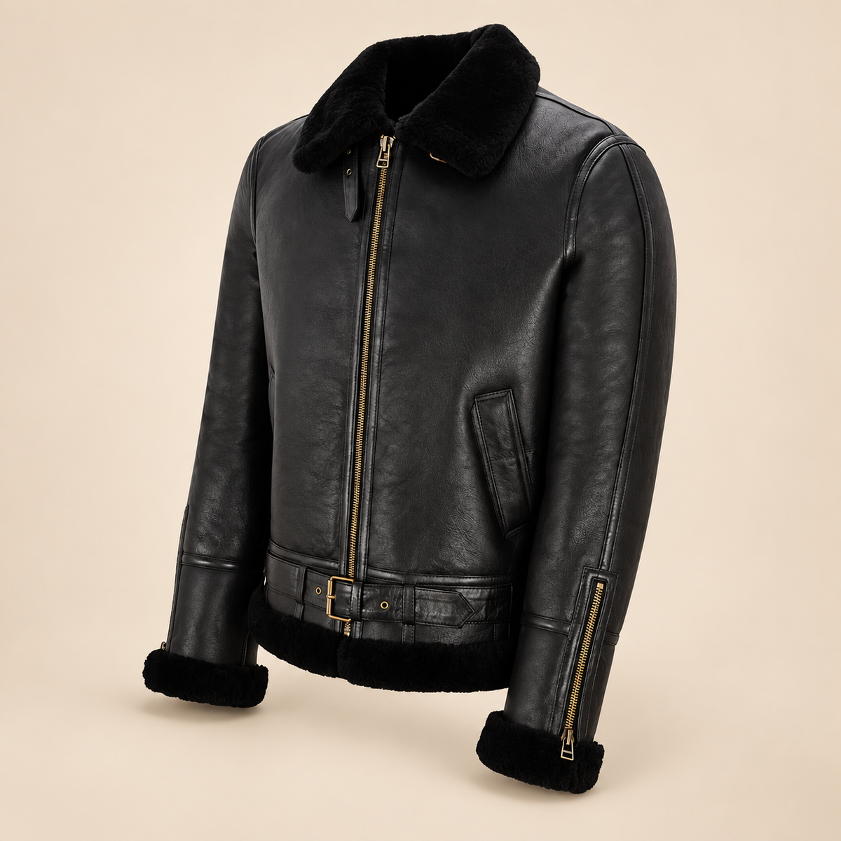 Three-quarter product view of the Redbourne Men's Black Belted B3 Shearling Bomber Jacket