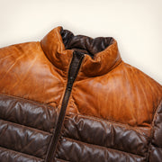 Close-up of the stand collar and front zipper of the Ridgehaven tan & brown leather down jacket.