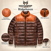Materials and construction feature graphic of the Ridgehaven tan & brown leather down jacket.