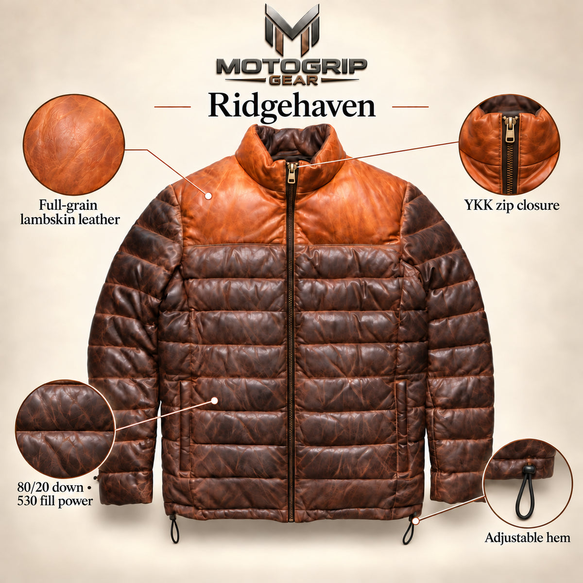 Materials and construction feature graphic of the Ridgehaven tan & brown leather down jacket.