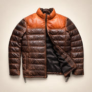Partly open front showing the genuine lining area of the Ridgehaven tan & brown leather down jacket.