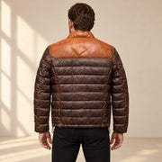 Rear view on the approved male model of the Ridgehaven tan & brown leather down jacket.