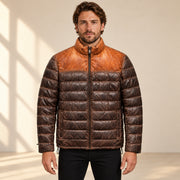 Front view on the approved male model of the Ridgehaven tan & brown leather down jacket.