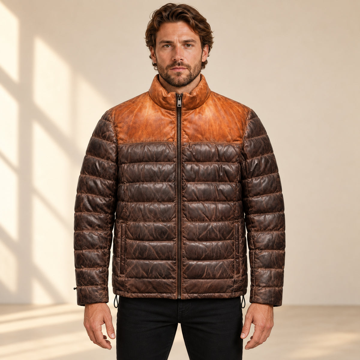 Front view on the approved male model of the Ridgehaven tan & brown leather down jacket.